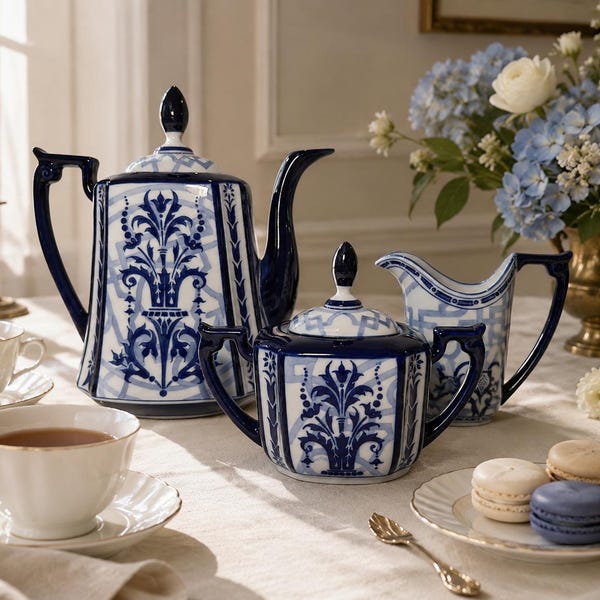 Vintage Bombay Company Blue and White Tea Set Arabesque Pattern Teapot, Sugar Bowl, Creamer 3 Piece Porcelain Set Platinum Trim Chinoiserie