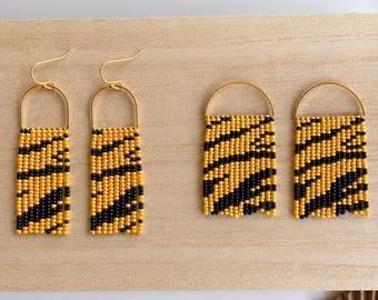 Handmade Seed Bead Earrings by Modish / Gold and Black / Tiger Stripes