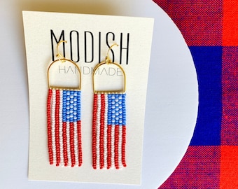 Handmade Seed Bead Earrings by Modish / USA Flag / United States of America / 4th of July / Memorial Day / Red, White, Blue / Patriotic