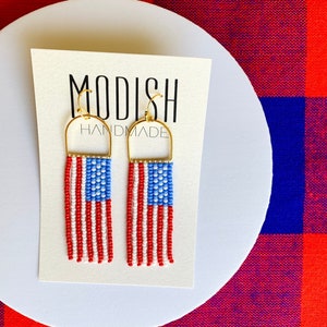Handmade Seed Bead Earrings by Modish / USA Flag / United States of America / 4th of July / Memorial Day / Red, White, Blue / Patriotic