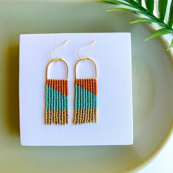 Handmade Seed Bead Earrings by Modish / Boho & Modern / Terracotta Orange, Turquoise Green, Gold