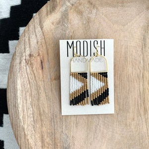 Handmade Seed Bead Earrings by Modish / Boho & Modern / Black, White, Gold