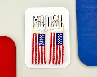 Handmade USA Flag Seed Bead Earrings, Patriotic Jewelry, Celebrate America’s 250th Birthday