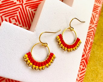 Handmade Seed Bead Earrings by Modish / Red, Yellow, Gold