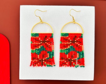 Handmade Seed Bead Earrings by Modish / Flower / Floral / Red