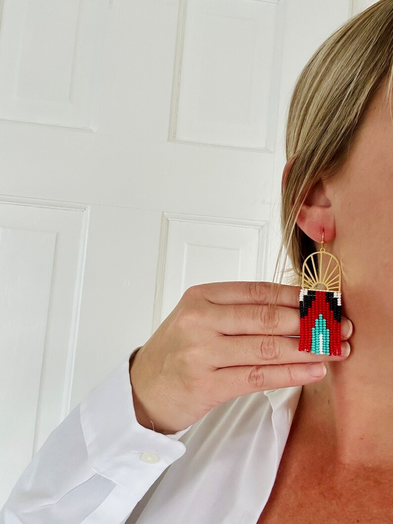 Handmade Seed Bead Earrings by Modish / Art Deco / White, Black, Red, Turquoise image 3