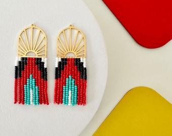 Handmade Seed Bead Earrings by Modish / Art Deco / White, Black, Red, Turquoise