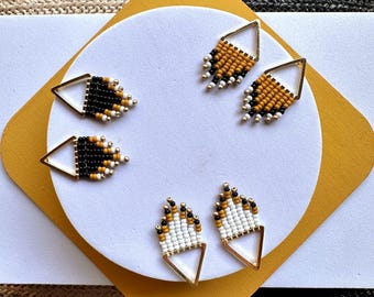 Handmade Seed Bead Earrings by Modish / Beaded Triangle Post / Black & Gold