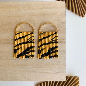Handmade Seed Bead Earrings by Modish / Gold and Black / Tiger Stripes