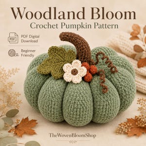 May include: A sage green crochet pumpkin featuring a dark brown stem, a textured green leaf, a small cream-coloured flower with a brown centre, and three orange berries. The text reads Woodland Bloom Crochet Pumpkin Pattern, PDF Digital Download, Beginner Friendly, and TheWovenBloomShop.