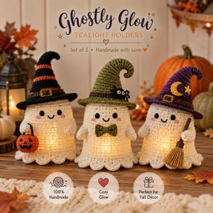 May include: Three crocheted ghost tealight holders with illuminated bodies. The ghosts wear pointed hats in black with orange stripes, olive green with a spider, and purple with a moon and star. Accessories include a pumpkin bucket and broom.