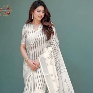 Klassieke witte gestreepte sari van linnenmix met bijpassende blouse, elegante casual feestsari, lichtgewicht etnische sari, cadeau voor haar