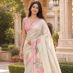 Sari van kunstzijde met bloemenprint en bijpassende blouse, elegante feestelijke sari, designer sari voor speciale gelegenheden, sari cadeau voor haar.