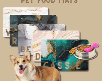 Personalized Pet Food Mat | Custom Name Faux Marble Dog Cat Feeding Placemat | 5 Luxury Colors | Aesthetic Pet Decor