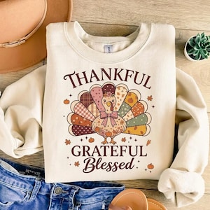 Thankful Grateful Blessed PNG, Patchwork Turkey PNG, Thanksgiving Shirt , Fall Turkey Shirt, Autumn PNG, Pumpkin Season, Digital Download
