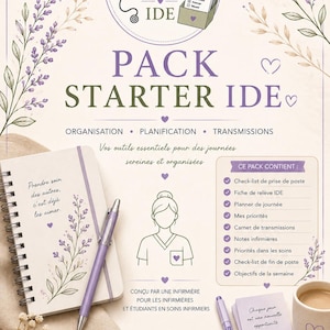 Peut inclure: Un pack de démarrage pour infirmiers comprenant un carnet à spirales avec des illustrations florales lavande, un stylo assorti et un bloc-notes. Le document affiche le texte Ma BOÎTE à fiches IDE, PACK STARTER IDE et une liste de contenu.