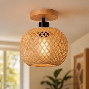 Woven Bamboo Ceiling Light, Rattan Flush Mount Lamp, Natural Boho Ceiling Light, E27 Pendant, Japandi Home Decor, Bedroom Hallway Light