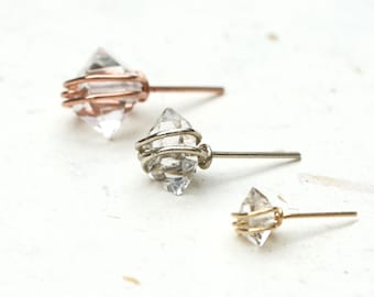 Small Herkimer Diamond Stud Earrings - in Rose Gold, Sterling Silver, or Yellow Gold