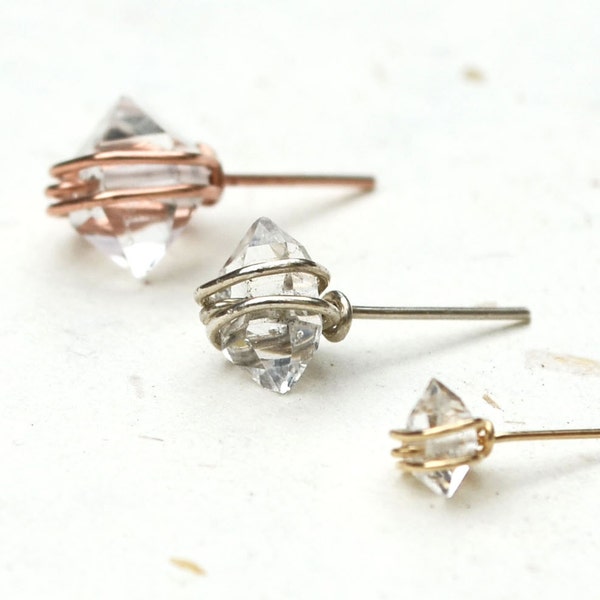 Small Herkimer Diamond Stud Earrings - in Rose Gold, Sterling Silver, or Yellow Gold