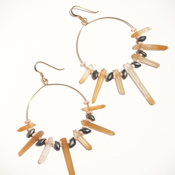 Crystal Hoop Earrings // Yellow Heliodor Crystals and Blue Green Patina Seed Beads