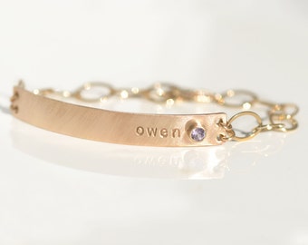 14k Gold Personalized Bar Bracelet << >> Birthstone and Name