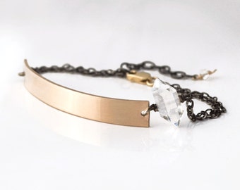 Herkimer Diamond Bar Bracelet << >> 14k Gold and Black Silver << >> Mixed Metal Bracelet