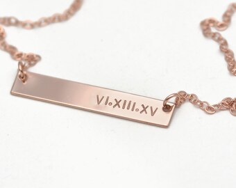 Rose Gold Bar Necklace <<>> Personalized Name, Date, Initials <<>> Adjustable Length