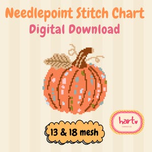 May include: A digital needlepoint stitch chart featuring a pixelated orange pumpkin with a brown stem and a tan leaf. The text reads Needlepoint Stitch Chart Digital Download, 13 & 18 mesh, and hart CANVAS CO. The design uses orange, blue, and pink pixels.