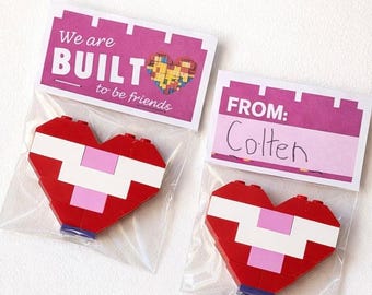 Biglietti di San Valentino LEGO stampabili / Amici per sempre / Biglietti di San Valentino fai da te per la classe / Decorazioni per sacchetti 3x5 / Etichette per dolcetti di San Valentino per bambini in PDF