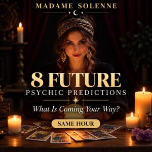 Op de afbeelding: Een persoon met een goudkleurige hoofdband en bungelende oorbellen zit achter een houten tafel met brandende kaarsen, tarotkaarten en een gloeiende kristallen bol. Tekst: MADAME SOLENNE, 8 FUTURE PSYCHIC PREDICTIONS, What Is Coming Your Way?, SAME HOUR.