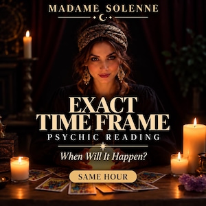 Puede incluir: Un anuncio de servicio de lectura psíquica con el texto MADAME SOLENNE, EXACT TIME FRAME PSYCHIC READING, When Will It Happen? y SAME HOUR. La imagen muestra a una persona con una diadema y pendientes detrás de una bola de cristal brillante y cartas del tarot, iluminada por varias velas encendidas.