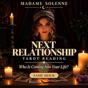 May include: A tarot reading service advertisement featuring the text MADAME SOLENNE, NEXT RELATIONSHIP TAROT READING, Who Is Coming Into Your Life?, and SAME HOUR. The image displays a person wearing a patterned headband and gold earrings.