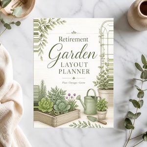 Puede incluir: Una portada de libro Retirement Garden Layout Planner con fondo de veta de madera blanca. El texto dice Retirement Garden LAYOUT PLANNER Plan Design Grow. Las ilustraciones incluyen una jardinera de madera, plantas verdes, una regadera y una pala.