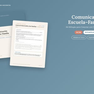 Puede incluir: Un kit de plantillas digitales para comunicación escuela-familia con dos vistas previas de documentos con encabezados azules y crema. El texto incluye "Comunicación Escuela-Familia," "Carta de bienvenida a las familias," "ES/EN" y "20 PLANTILLAS EDITABLES."