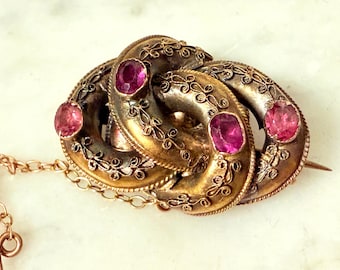 1890s Victorian Brooch, 9k Gold Lovers Knot with Four Natural Rubies
