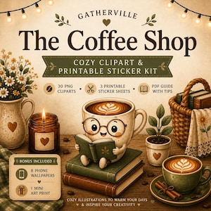 Puede incluir: Un gráfico digital con el texto GATHERVILLE The Coffee Shop Cozy Clipart & Printable Sticker Kit. Muestra una taza de café de dibujos animados con gafas leyendo un libro sobre dos libros apilados, una vela, un florero y una cesta.