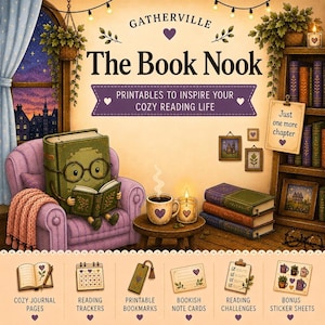 Puede incluir: Una ilustración digital titulada GATHERVILLE The Book Nook con un personaje de libro verde leyendo en un sillón morado, una taza de café, una vela y una estantería. Abajo hay iconos para páginas de diario, rastreadores y pegatinas.