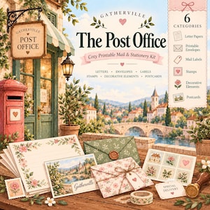 Puede incluir: Un kit de papelería imprimible titulado Gatherville The Post Office que incluye papel de carta, sobres, etiquetas, sellos, elementos decorativos y postales con motivos florales y una escena de un pueblo europeo.
