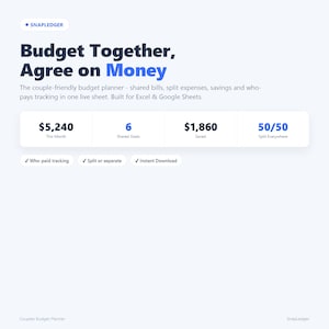 Peut inclure: Une interface de planificateur budgétaire numérique intitulée Snapledger avec le texte Budget Together, Agree on Money. Elle affiche des indicateurs financiers dont $5,240 This Month, 6 Shared Goals, $1,860 Saved et 50/50 Split Everywhere, avec des coches.