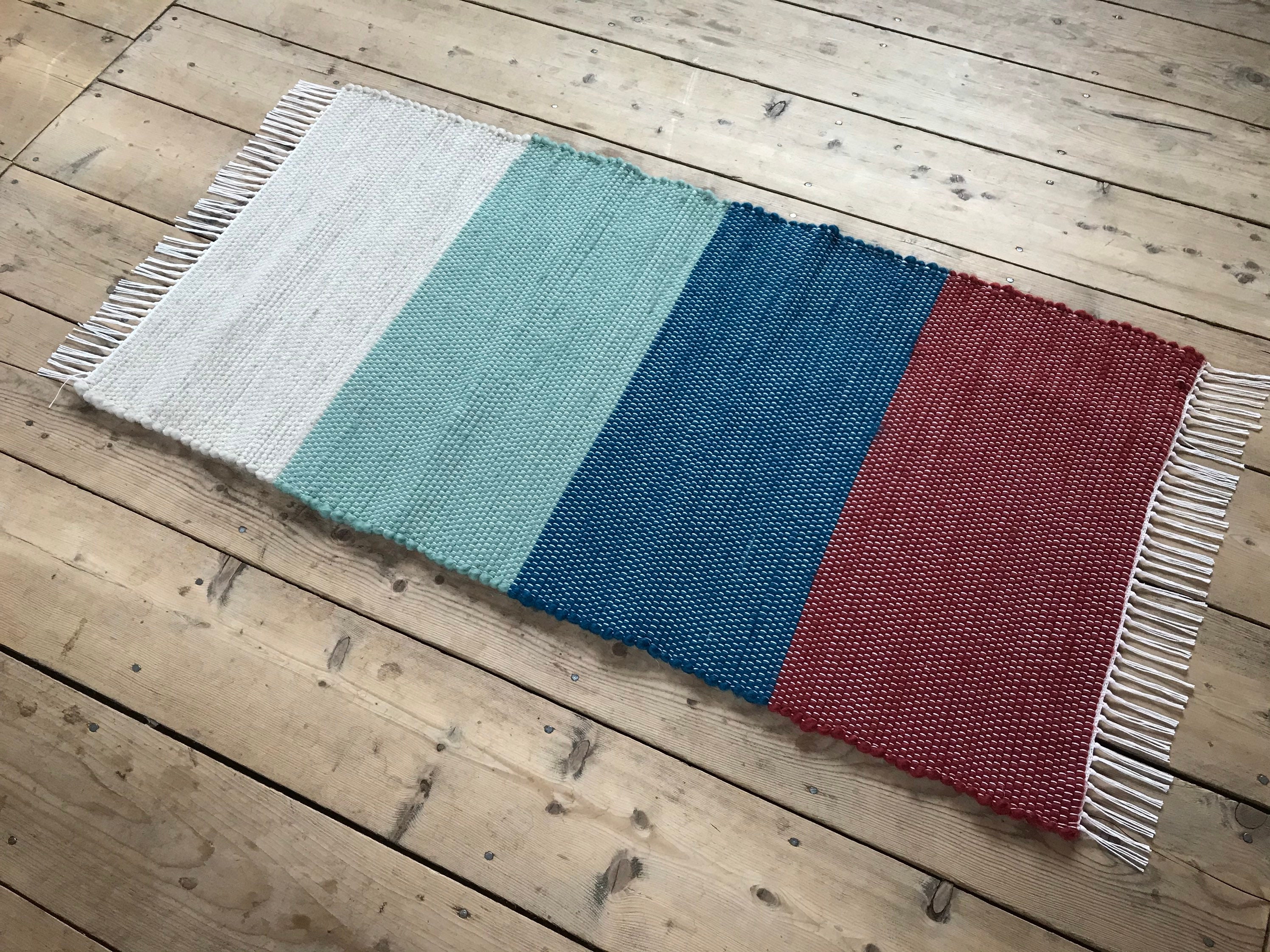 VERMONT WOVEN 2x 4ft Wool Rug / Tan Wool, Soft Green Wool, Blue Wool, Red  Wool 