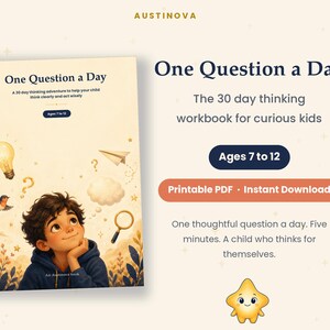 Peut inclure: Un cahier d'exercices intitulé One Question a Day pour les 7 à 12 ans, montrant un enfant en sweat bleu entouré d'illustrations d'ampoule, d'oiseau, de loupe et d'avion en papier. Le texte inclut A 30 day thinking adventure to help your child think clearly and not wisely, Printable PDF, Instant Download, et One thoughtful question a day.