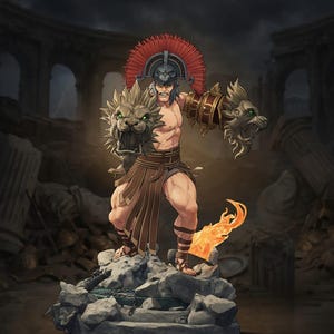 Pode incluir: Uma estatueta detalhada de um guerreiro com capacete de crista vermelha, apresentando manoplas em forma de cabeça de leão em ambos os braços. A figura está sobre uma base rochosa com efeito de chama, vestindo um kilt castanho e faixas nas pernas.