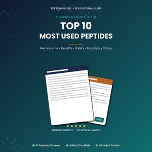 May include: A digital educational guide titled A Beginner's Guide to the Top 10 Most Used Peptides, featuring text on mechanisms, benefits, safety, and regulatory status. The graphic includes two white document icons and five yellow stars.