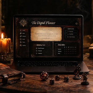 May include: A laptop screen displaying a dark-themed digital planner interface titled The Digital Planner. The layout includes sections for Today's Focus, Quick Links, Upcoming Tasks, and Daily Habits, featuring a gothic aesthetic with ornate borders.