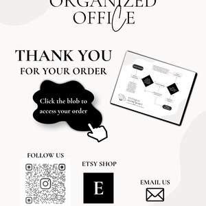 May include: A digital thank you card for The Organized Office featuring the text Thank You For Your Order, a black blob with a cursor icon, a referral flowchart graphic, a QR code for Instagram, an Etsy shop icon, and an email icon.