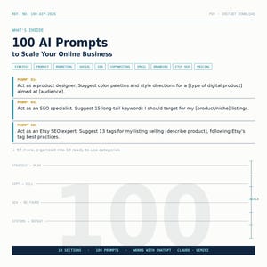 Puede incluir: Un documento digital titulado 100 AI Prompts to Scale Your Online Business, con el número de referencia 100-AIP-2026. Incluye categorías como estrategia, producto, marketing, social, SEO, redacción, correo electrónico, branding y precios.