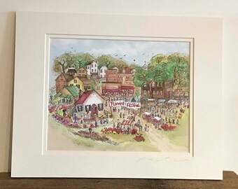 Watercolor Print of Town - Teedle's Town Summer Flower Festival - by Marji Stevens