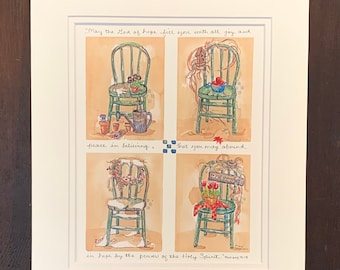 Four Season Chairs Watercolor Matted Print by Marji Stevens