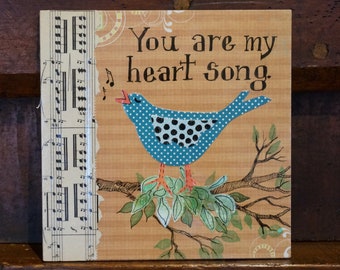 Whimsical Blue Bird and Music, Mixed Media Print on Wood, 6x6