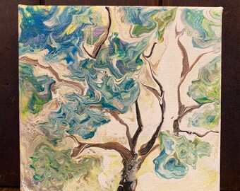 Swirly Blue Tree, Original Acrylic Painting, Marji Stevens